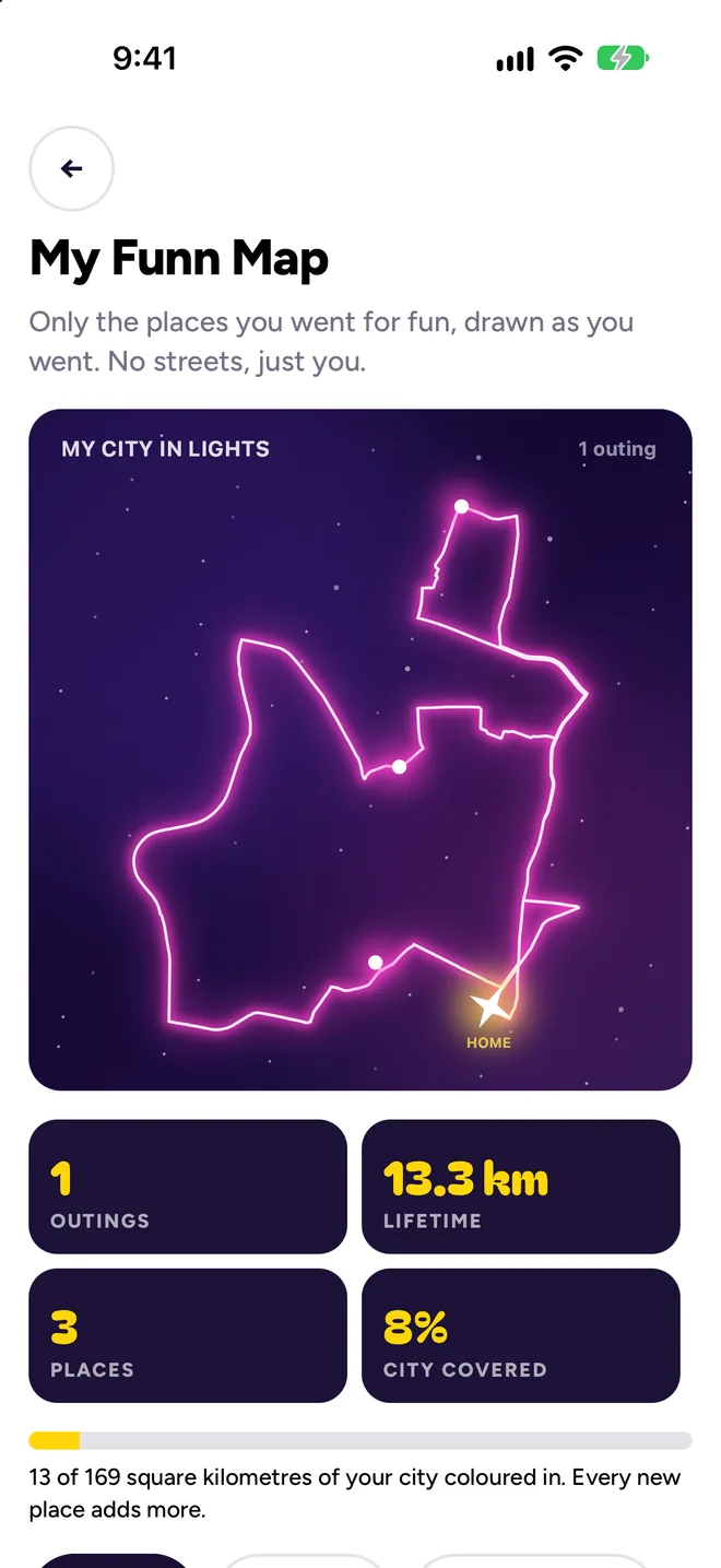 Funn Map, a neon light painting of your outings