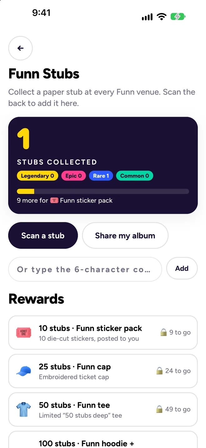 Funn Stubs collection and rewards